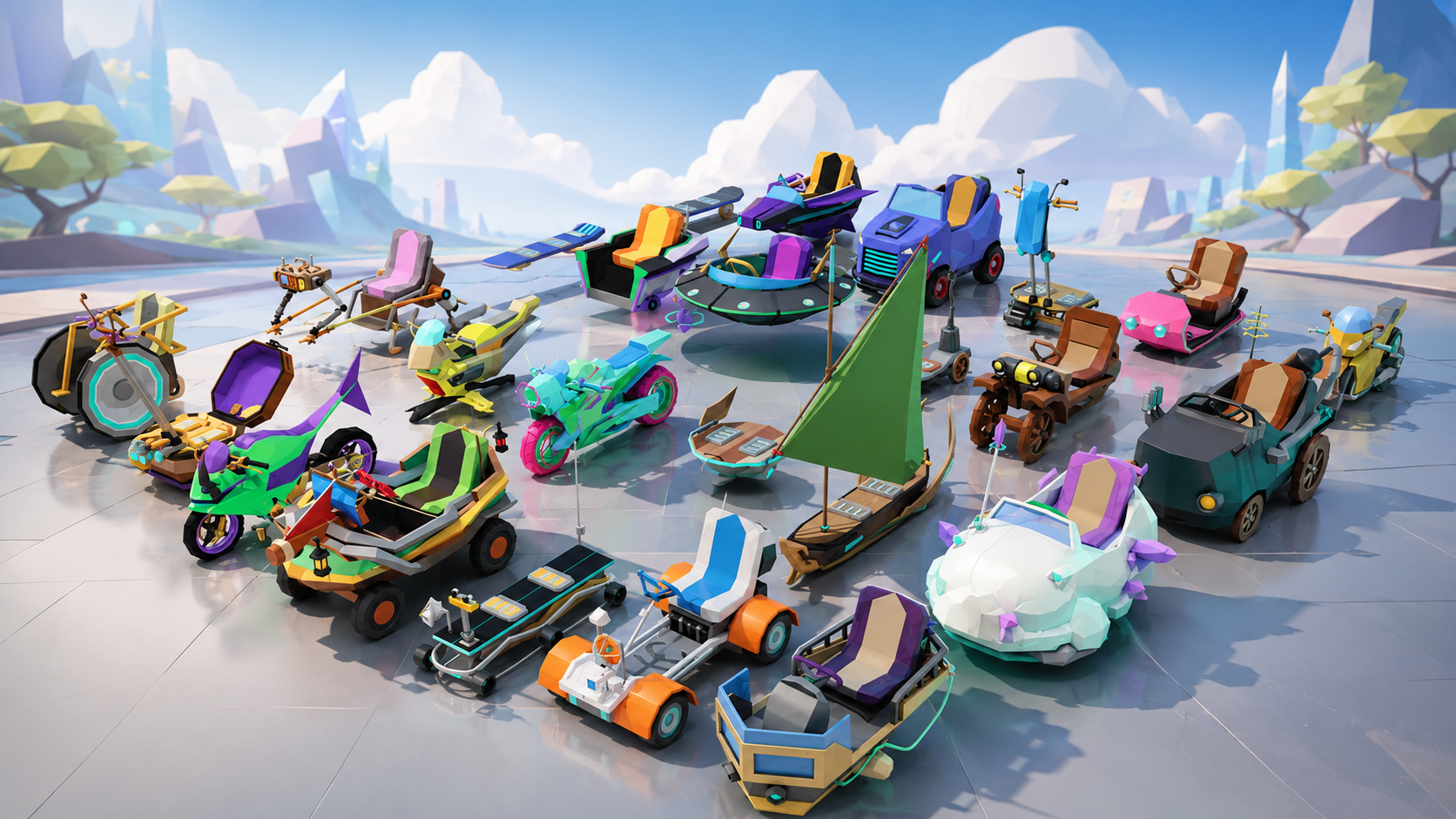 The refreshed garage of vehicles in Cloud Quest